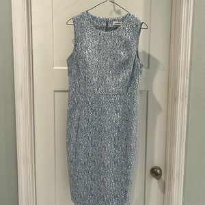 Calvin Klein White Blue Patterned Sleeveless Sheath Dress